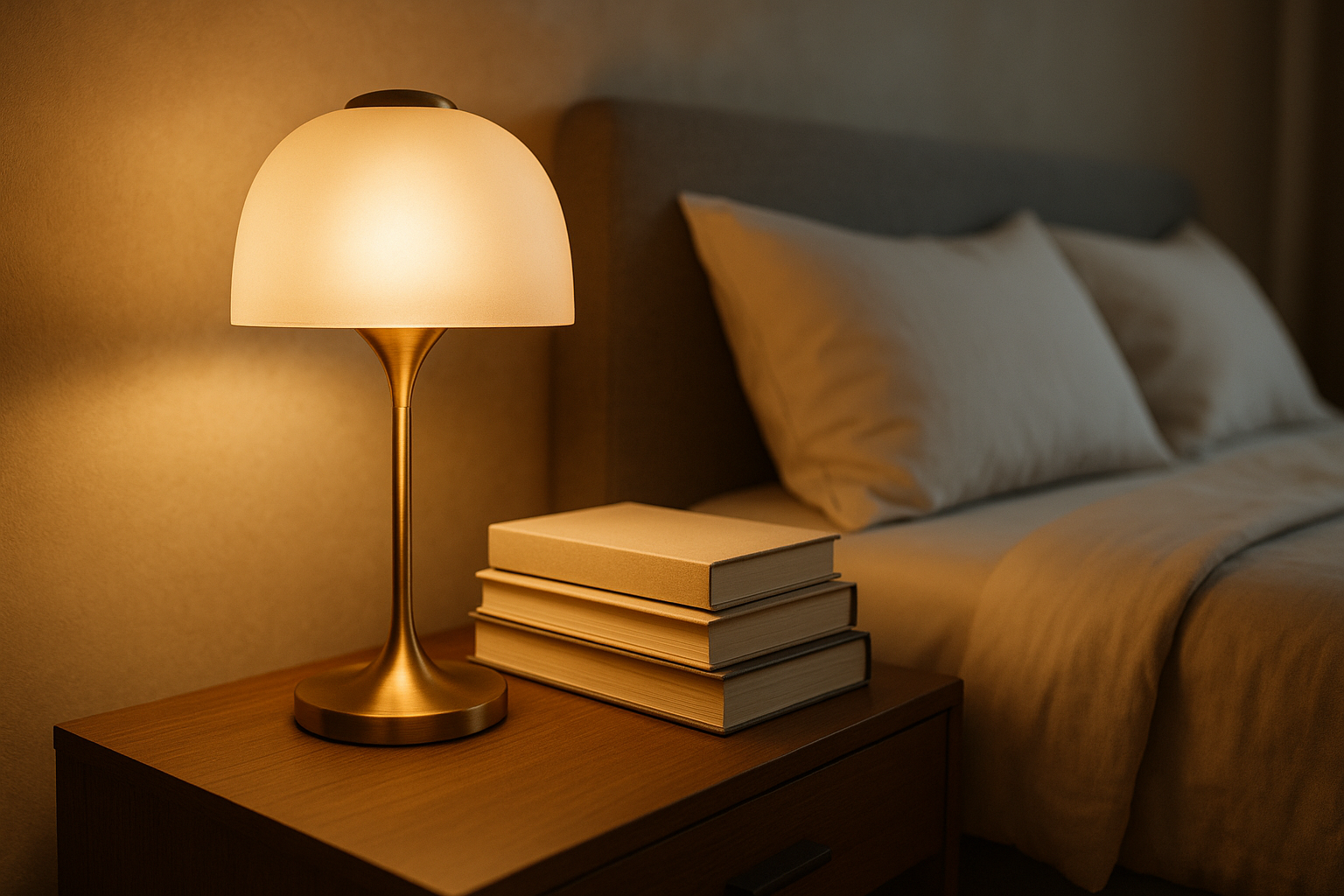 Une lampe de chevet design en gros plans, à côté d'un lit avec des livres dans une chambre