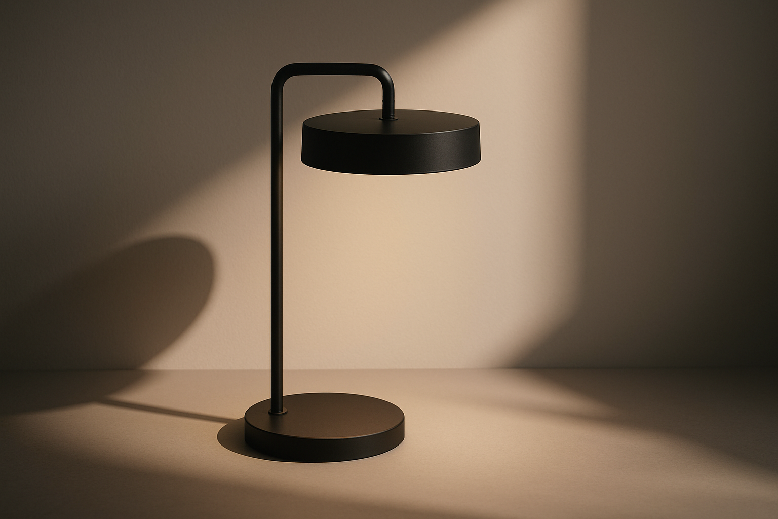 Une lampe moderne ou minimaliste, fond neutre, jeu d’ombres et de lumière, ambiance studio design.